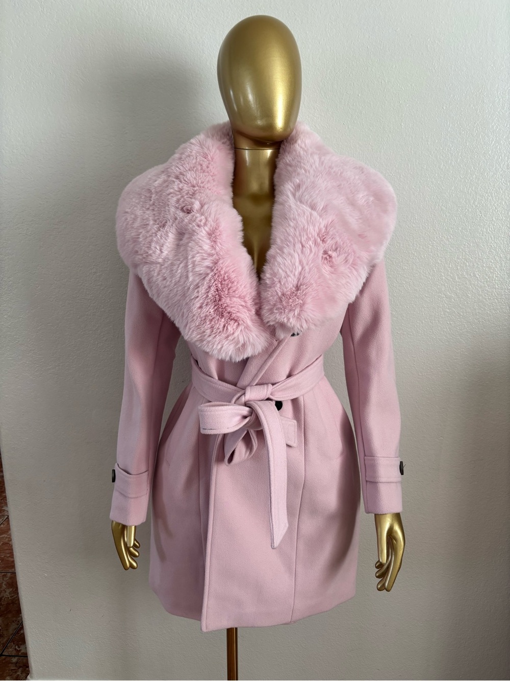 Women's Blush Faux Fur Collar Belted Trench Coat